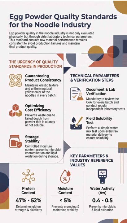 Infographic guide on egg powder quality standards for the noodle industry, covering production urgency, technical verification steps, and key parameter reference values (protein, moisture, Aw).