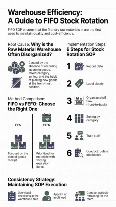 Infographic guide of 6 steps FIFO stock rotation SOP for dry raw material warehouse efficiency.