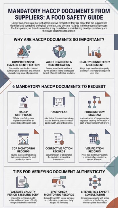 Infographic guide of 6 mandatory HACCP documents from suppliers for food safety and verification tips.