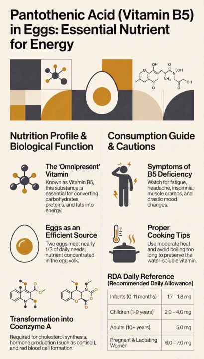 Infographic detailing the nutritional profile, biological functions, and consumption guide of Pantothenic Acid (Vitamin B5) in eggs.