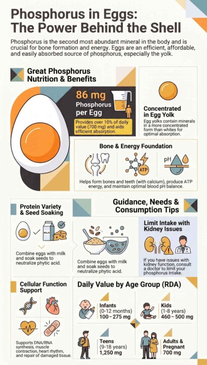 Infographic of phosphorus nutritional content, function, and benefits in eggs.