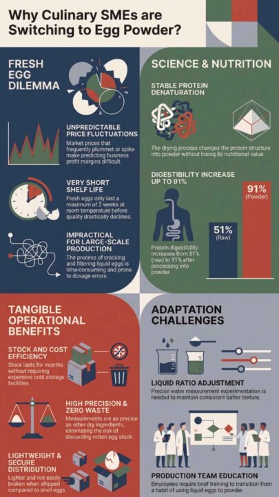 Infographic on why culinary SMEs switch to egg powder, comparing operational efficiency, nutritional stability, and costs against fresh eggs.