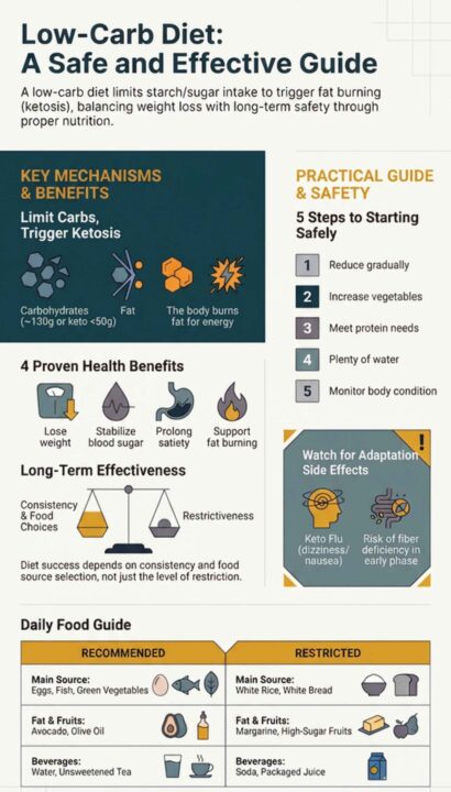 Infographic guide for a safe and effective low-carb diet, covering mechanisms, health benefits, and daily food recommendations.