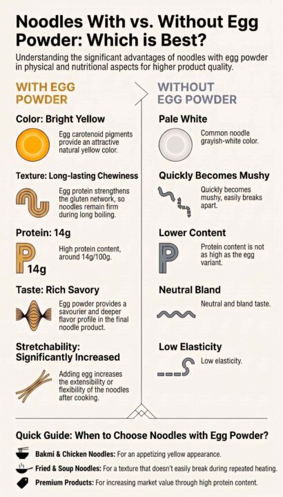 Infographic comparing the physical and nutritional advantages of noodles with egg powder versus regular noodles.