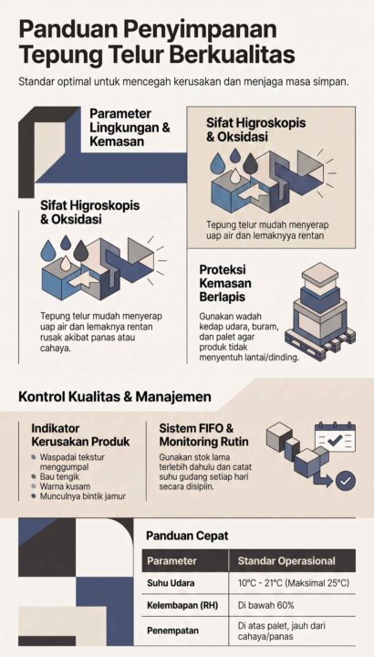 Infografis panduan standar operasional penyimpanan tepung telur di gudang untuk menjaga kualitas dan mencegah kerusakan produk.