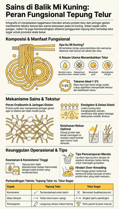Infografis mengenai sains dan peran fungsional tepung telur untuk tekstur mi kuning, beserta perbandingannya dengan telur segar.
