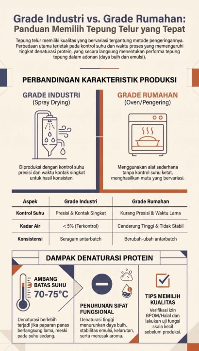 Infografis perbandingan kualitas, karakteristik produksi, dan tingkat denaturasi protein pada tepung telur grade industri versus grade rumahan.