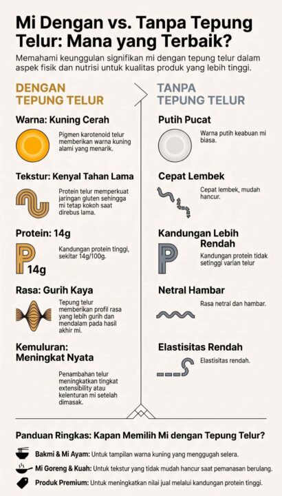 Infografis perbandingan keunggulan fisik dan nutrisi mi menggunakan tepung telur dibandingkan mi biasa.