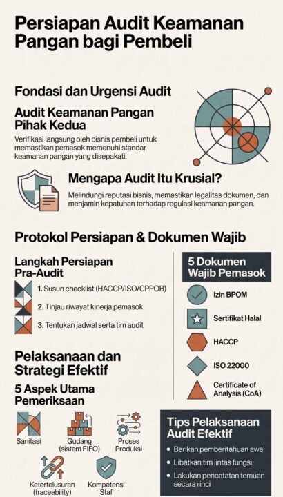 Infografis panduan persiapan audit keamanan pangan, mencakup langkah pra-audit, dokumen wajib pemasok, dan strategi pelaksanaan efektif.