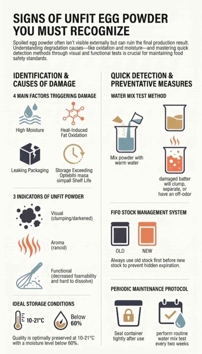 Infographic guide on recognizing signs of unfit egg powder, spoilage causes, and quick detection methods.