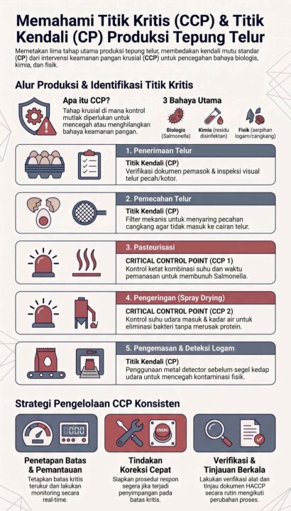 Infografis alur produksi tepung telur dan identifikasi Titik Kritis (CCP) serta Titik Kendali (CP).