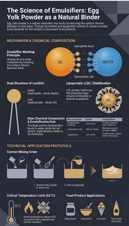 Infographic detailing the chemical mechanism and function of egg yolk powder as a natural emulsifier in processed food products.