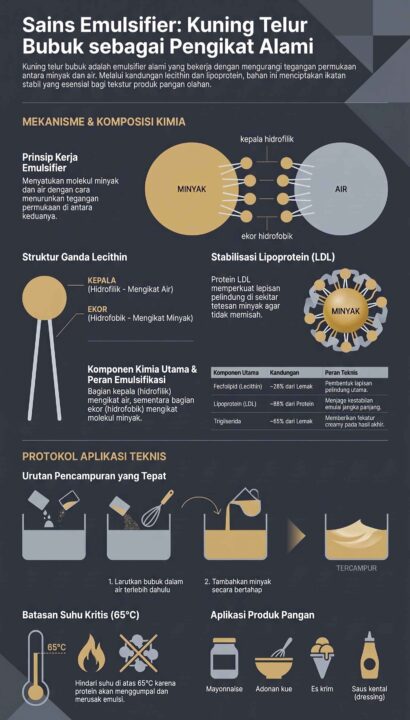 Infografis mekanisme kimia dan fungsi kuning telur bubuk sebagai emulsifier alami pada produk pangan olahan.