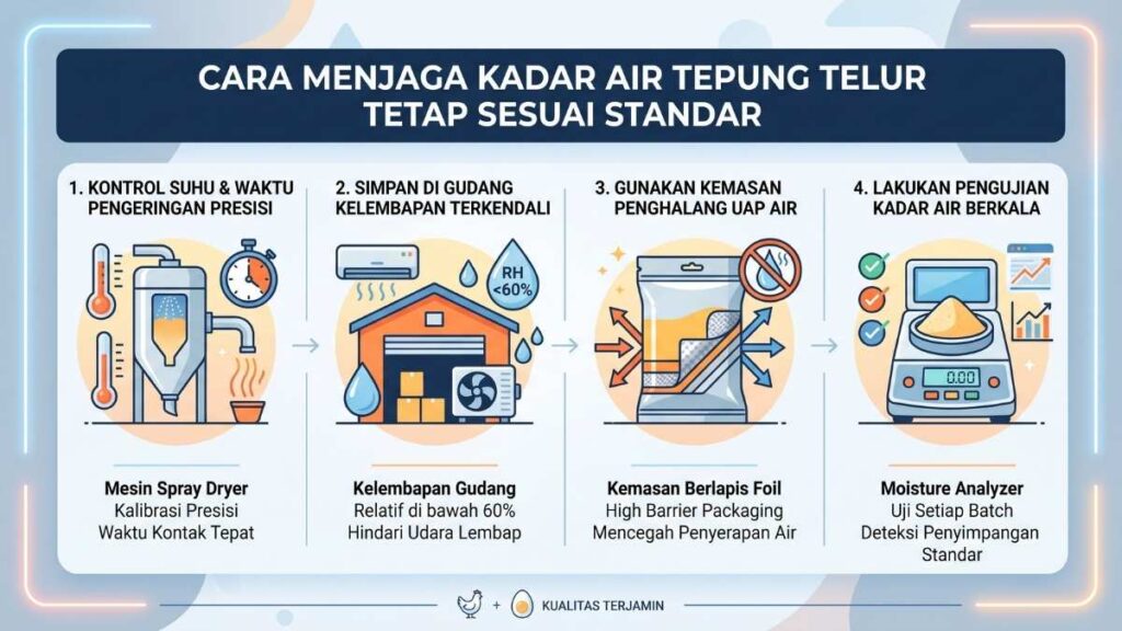 Infografis mengenai Cara Menjaga Kadar Air Tepung Telur Tetap Sesuai Standar