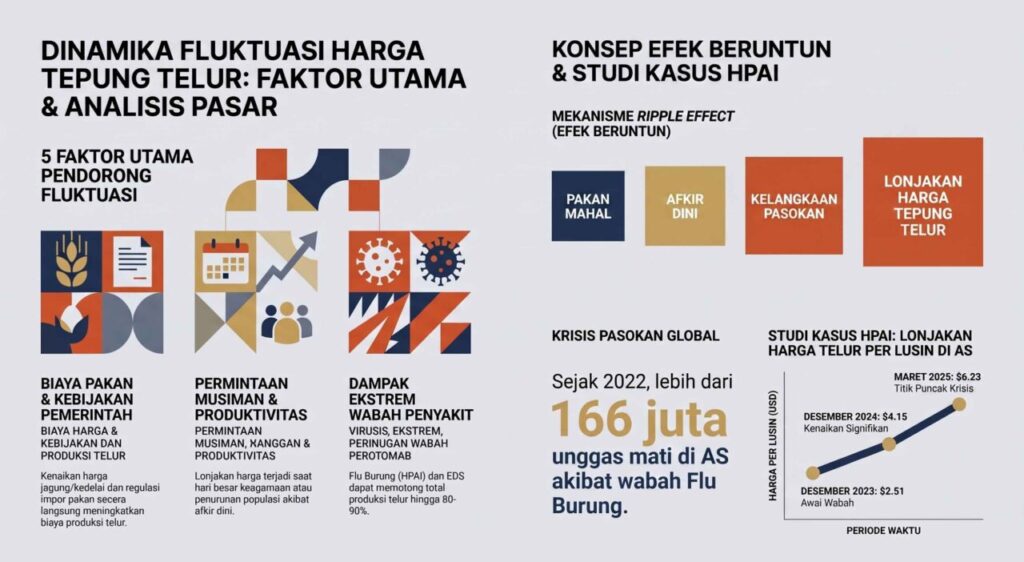 Infografis analisis penyebab fluktuasi harga tepung telur dan dampak wabah flu burung.