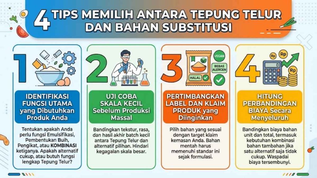 Infografis mengenai Tips Memilih antara Tepung Telur dan Bahan Substitusi