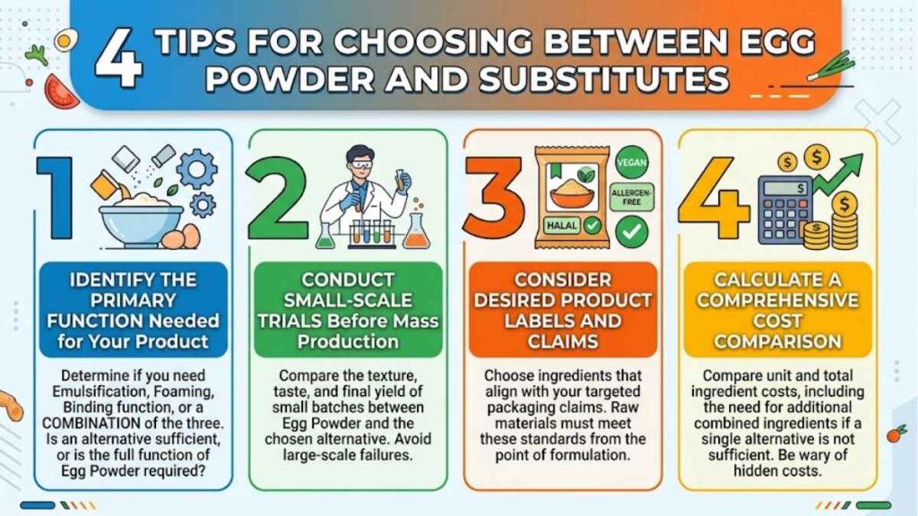 Infographic of Tips for Choosing Between Egg Powder and a Substitute Ingredient