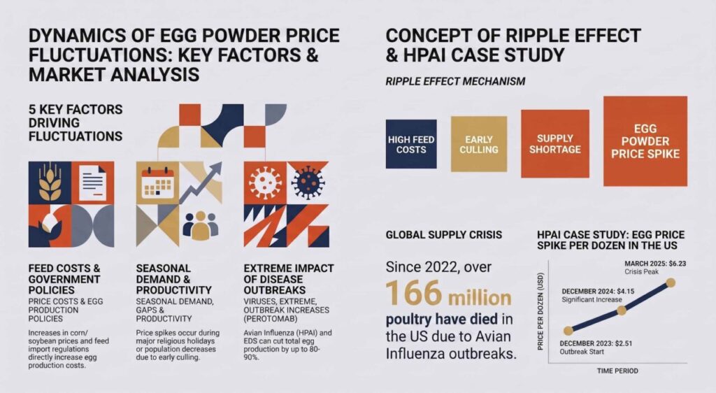 Infographic analyzing the causes of egg powder price fluctuations and the impact of avian influenza.